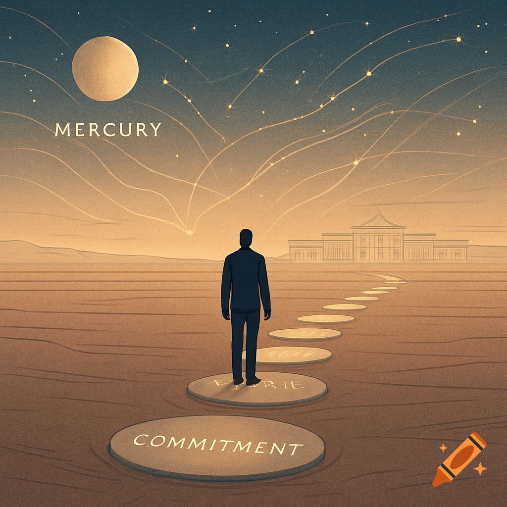 A solitary man walks on stepping stones with words like 'COMMITMENT' towards a distant building under a starry sky with a large moon and the word 'MERCURY'.