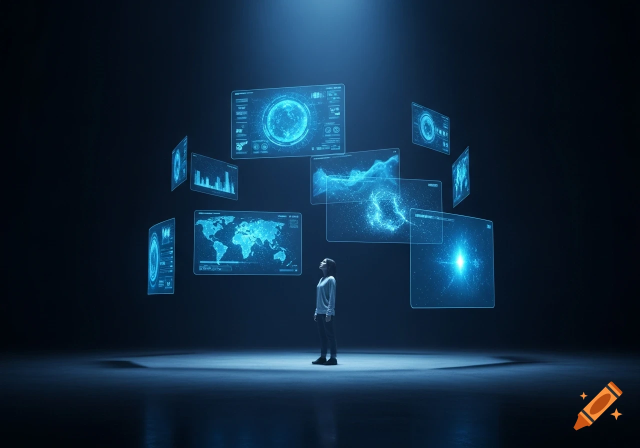 A person stands in a dark room, looking up at multiple glowing blue holographic screens displaying data and a world map.