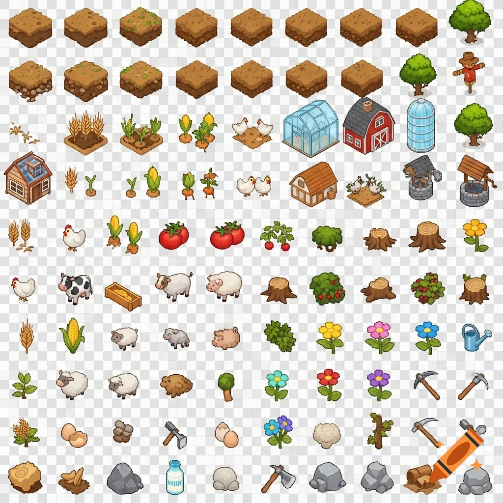 Isometric pixel art sprite sheet for a farming game, featuring soil, crops, animals, farm buildings, tools, and items.