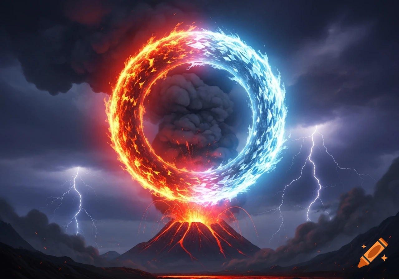 A vibrant ring, half fiery orange and half icy blue, floats above an erupting volcano under a stormy, lightning-filled sky.