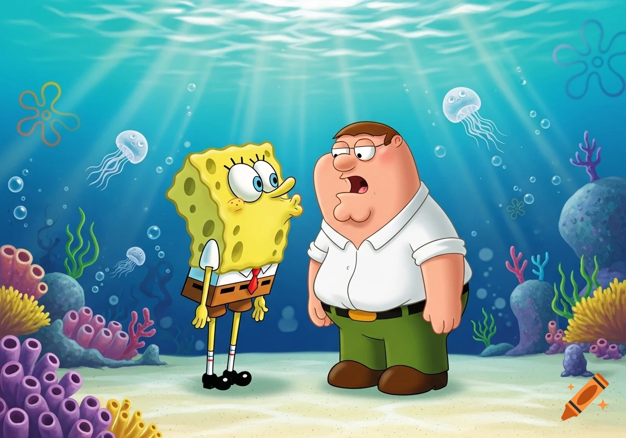 Cartoon Spongebob pouting for a kiss towards a surprised Peter Griffin underwater with coral and jellyfish.