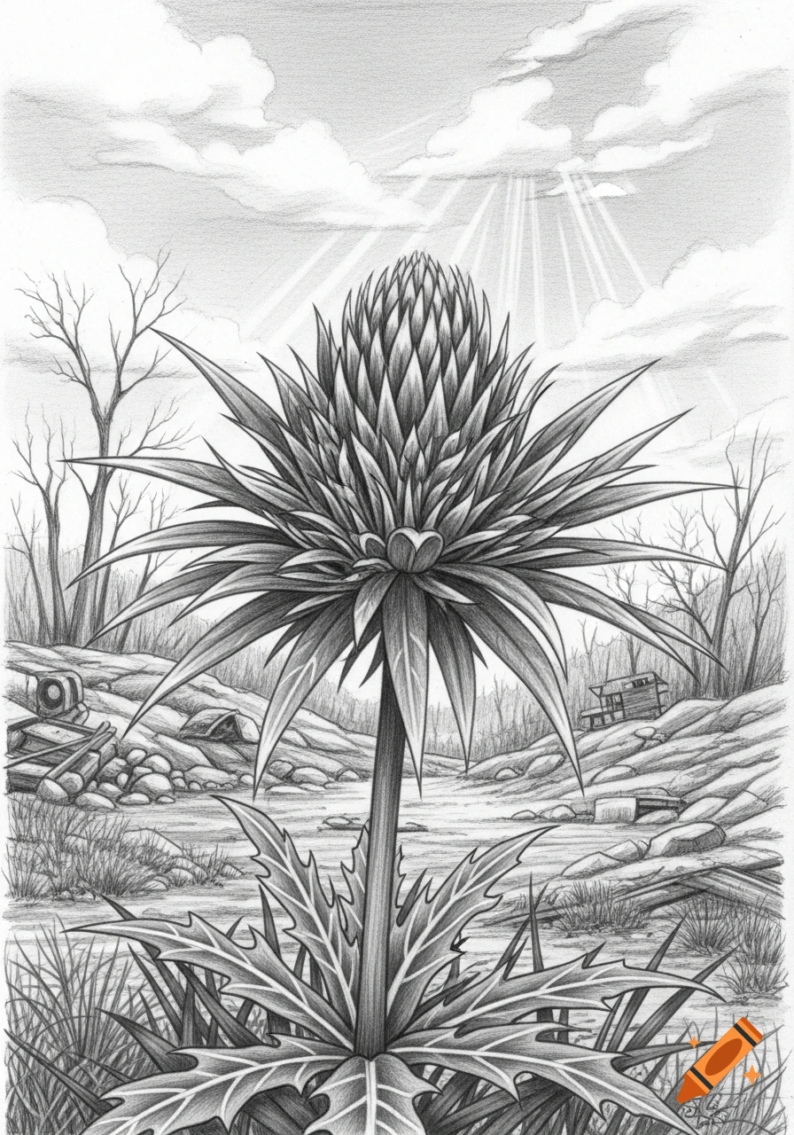 A detailed pencil illustration of a large, spiky hubflower in a desolate landscape with bare trees, a stream, and a cloudy sky with sun rays.