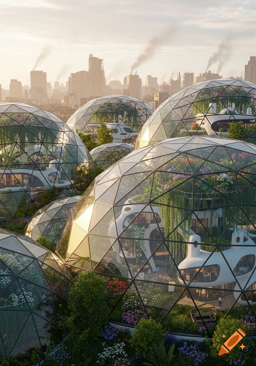 Glass geodesic domes filled with lush greenery and modern pod-like houses, set against a hazy, ruined city skyline at sunset.