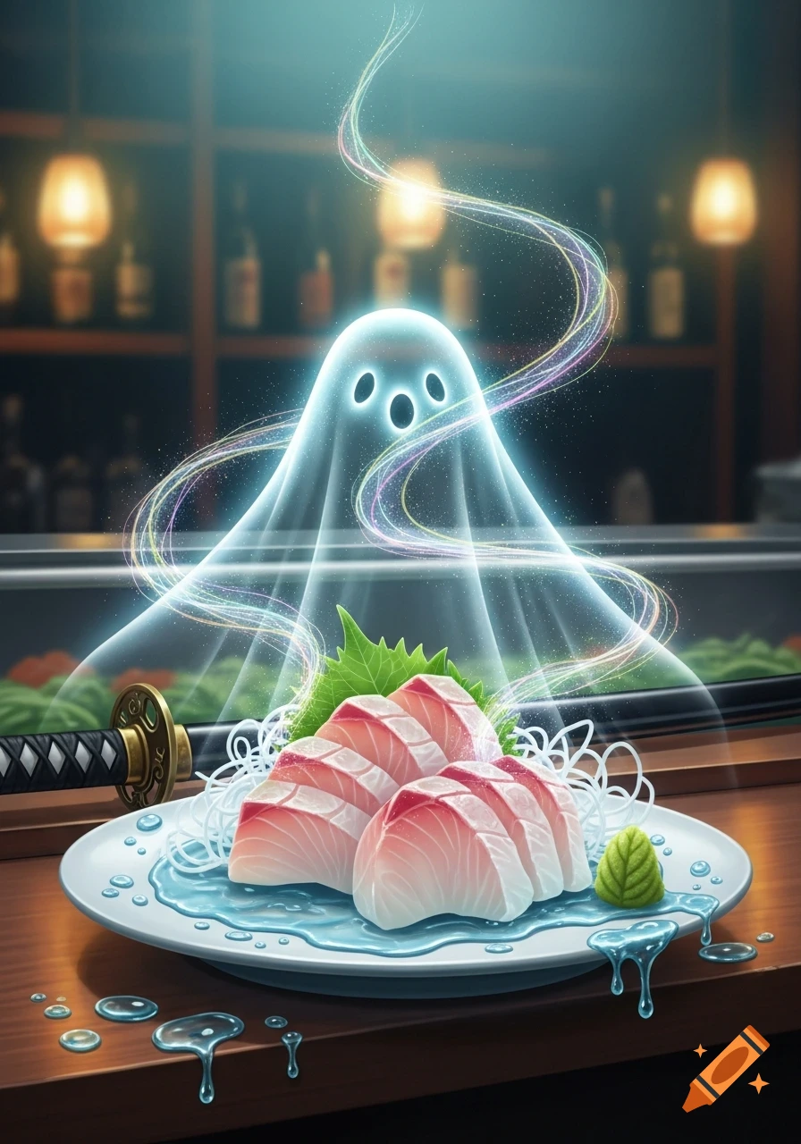 A glowing, translucent ghost floats above a plate of sliced sashimi, wasabi, and a katana on a sushi bar counter.