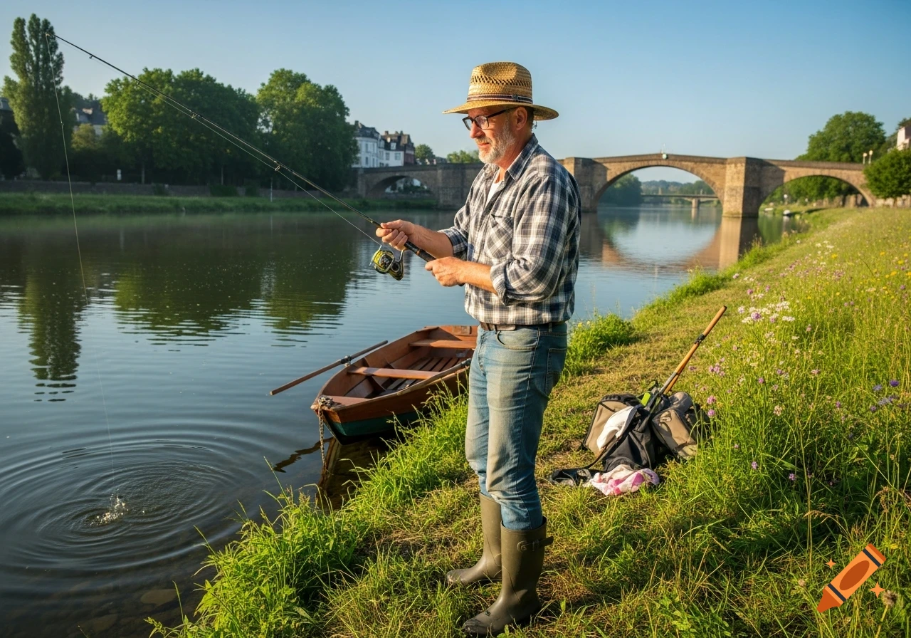A middle-aged man in a plaid shirt and straw hat fishes from a grassy riverbank with a stone bridge in the background.
