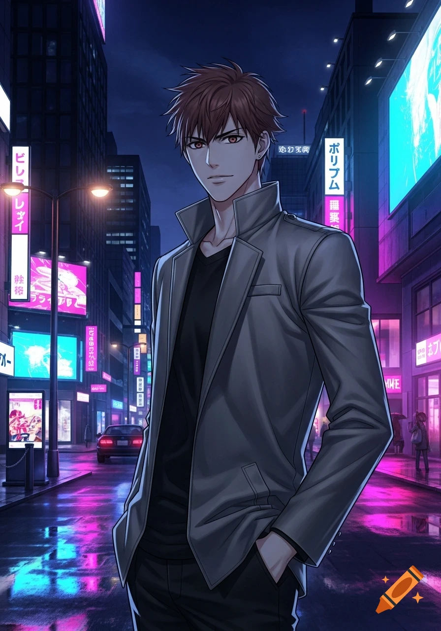 An anime-style man with brown hair and red eyes stands in a futuristic, neon-lit city at night.