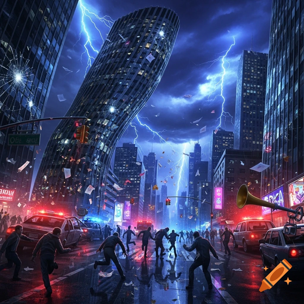 A chaotic city street scene at night with lightning, a bent skyscraper, and people running past police cars.