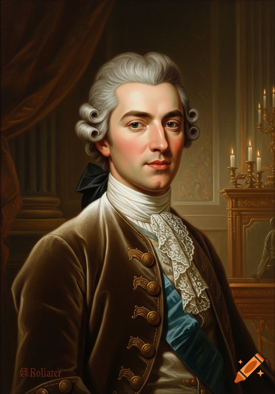 Oil painting of a man in 18th-century attire with a powdered wig, brown coat, and blue sash, against a dark indoor background with a candelabra.