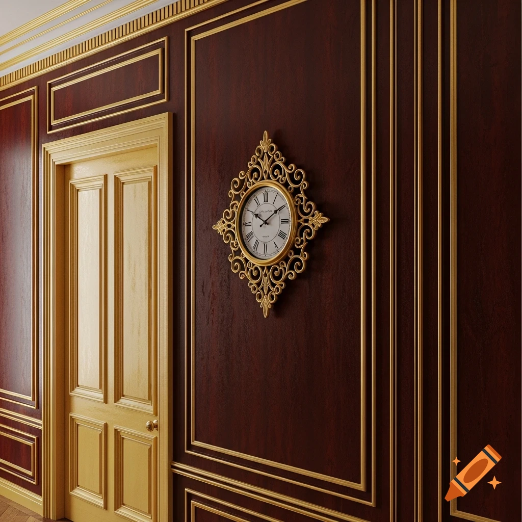 Elegant room with gold paneled door, dark wood walls with gold trim, and a decorative gold wall clock.