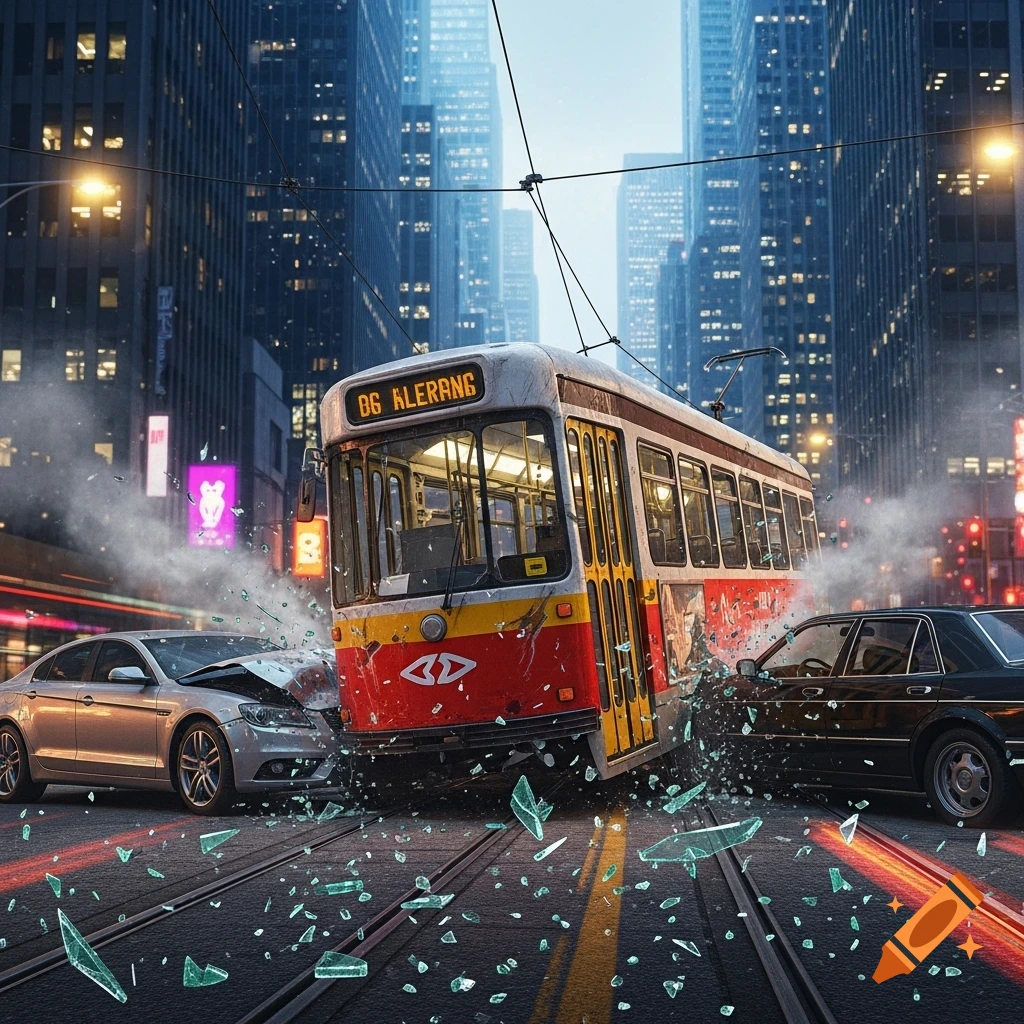 A tram has derailed in a city, crashing into a silver car and a black car, with shattered glass on the street. Photorealistic style.