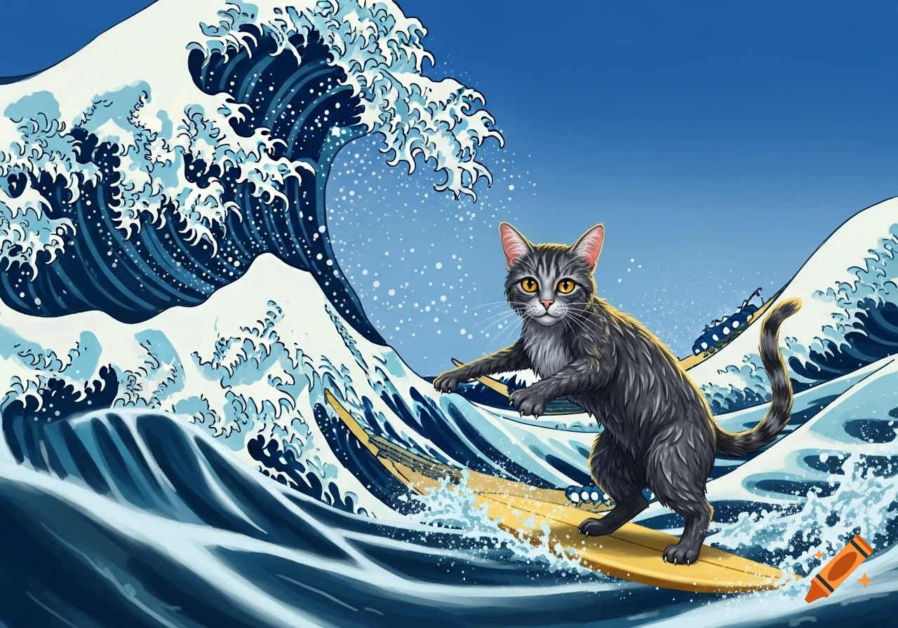 A gray cat with yellow eyes surfs a large, stylized blue wave, reminiscent of Hokusai's Great Wave.