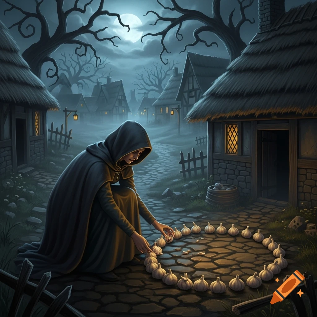 A cloaked figure kneels at night in a dark medieval village, arranging garlic in a circle on a cobblestone path under a full moon.