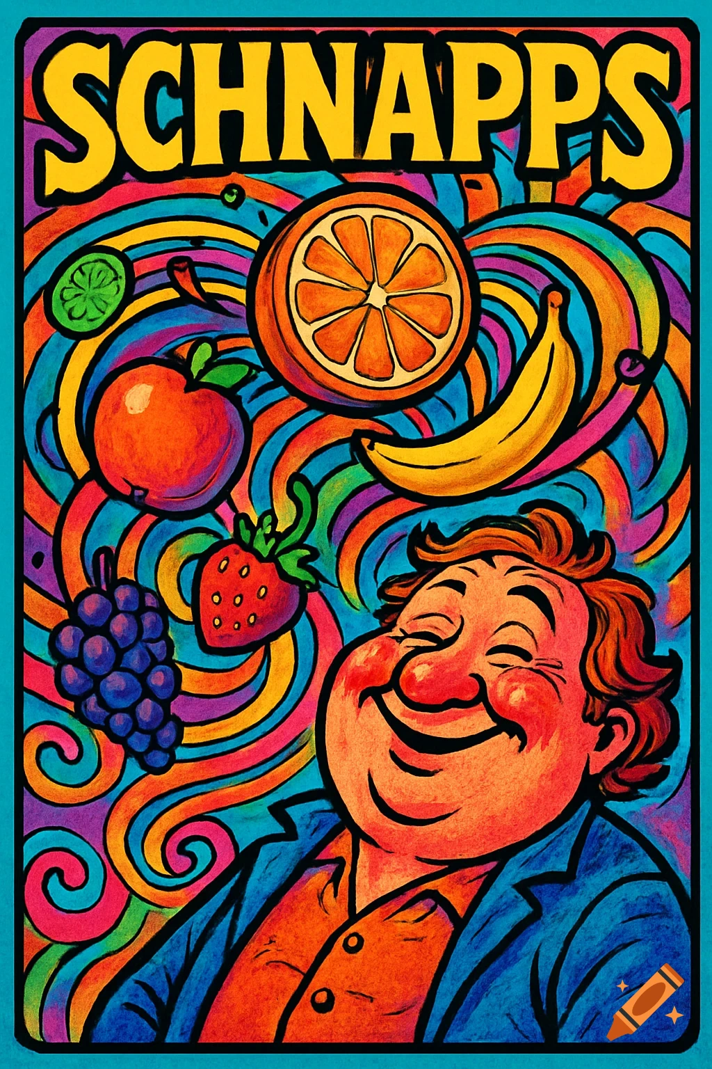 Psychedelic 70s comic poster with a smiling man, colorful fruit, swirling patterns, and 'SCHNAPPS' text.