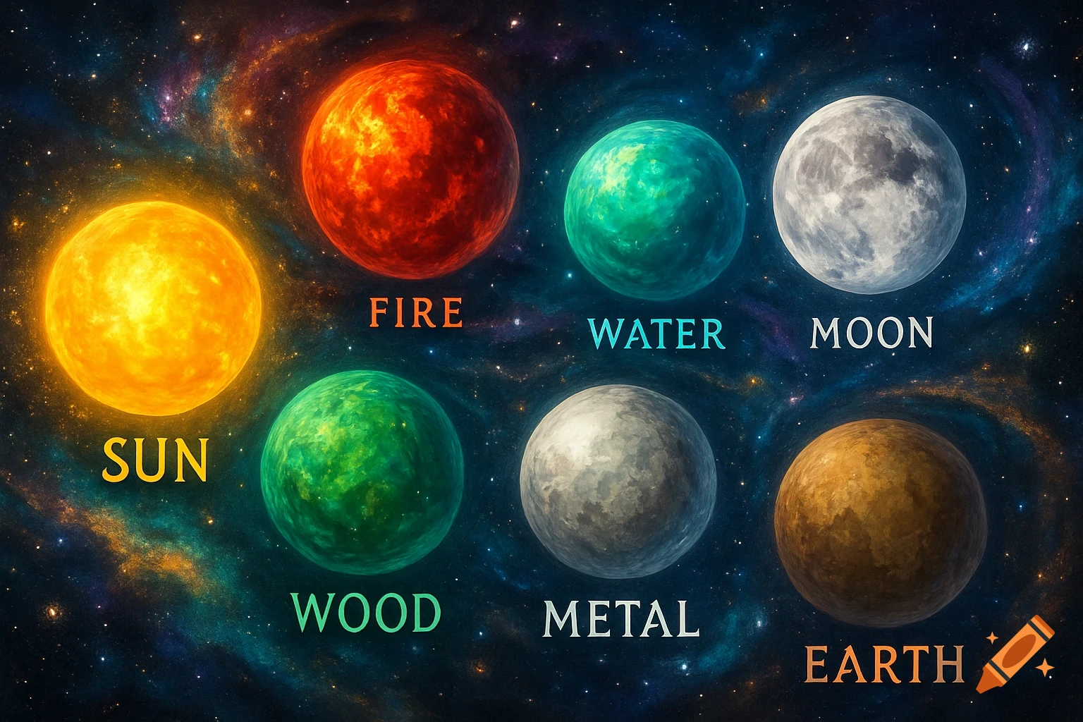 Seven cosmic spheres labeled Sun, Fire, Water, Moon, Wood, Metal, and Earth against a vibrant galaxy background.