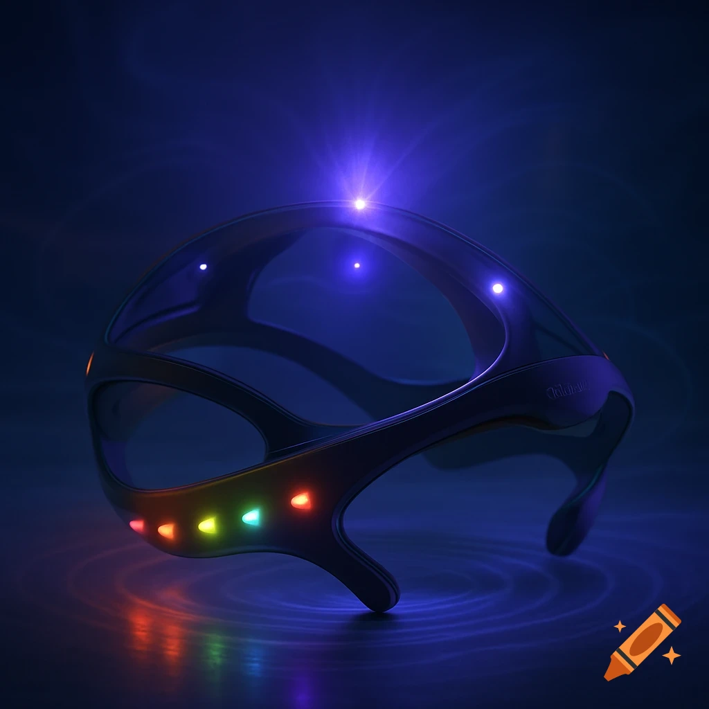 A sleek, dark futuristic device with glowing blue and rainbow-colored lights sits on a dark, reflective surface.