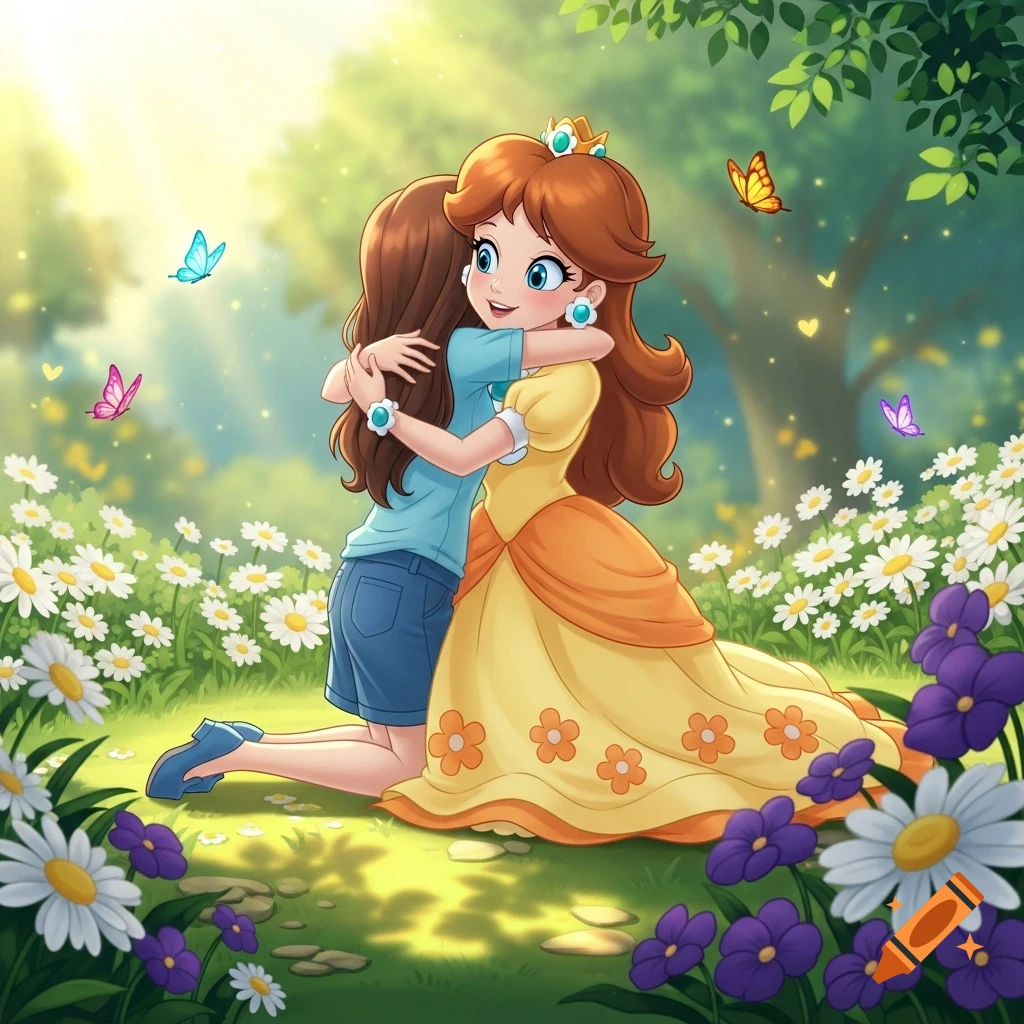 Princess Daisy hugs another girl in a sunny field filled with white and purple flowers and butterflies, in a cartoon style.