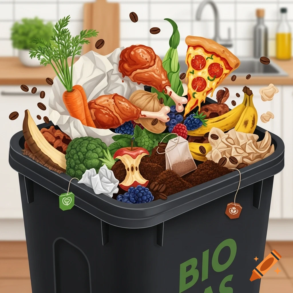 Black bio waste bin overflowing with cartoon-style food scraps like carrots, chicken, pizza, berries, and tea bags in a kitchen.