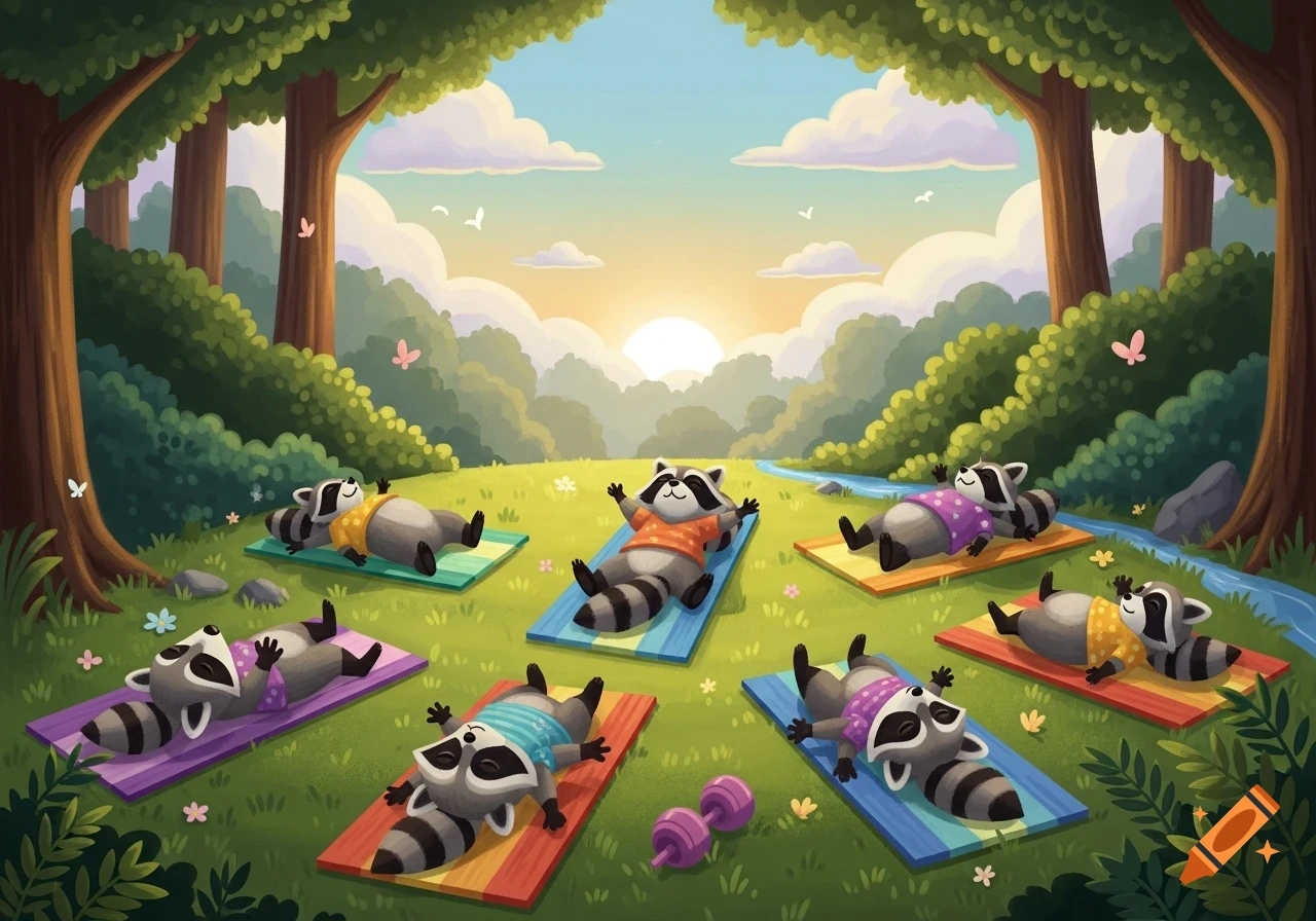 Cartoon raccoons relax on colorful mats in a sunny forest clearing at sunrise.