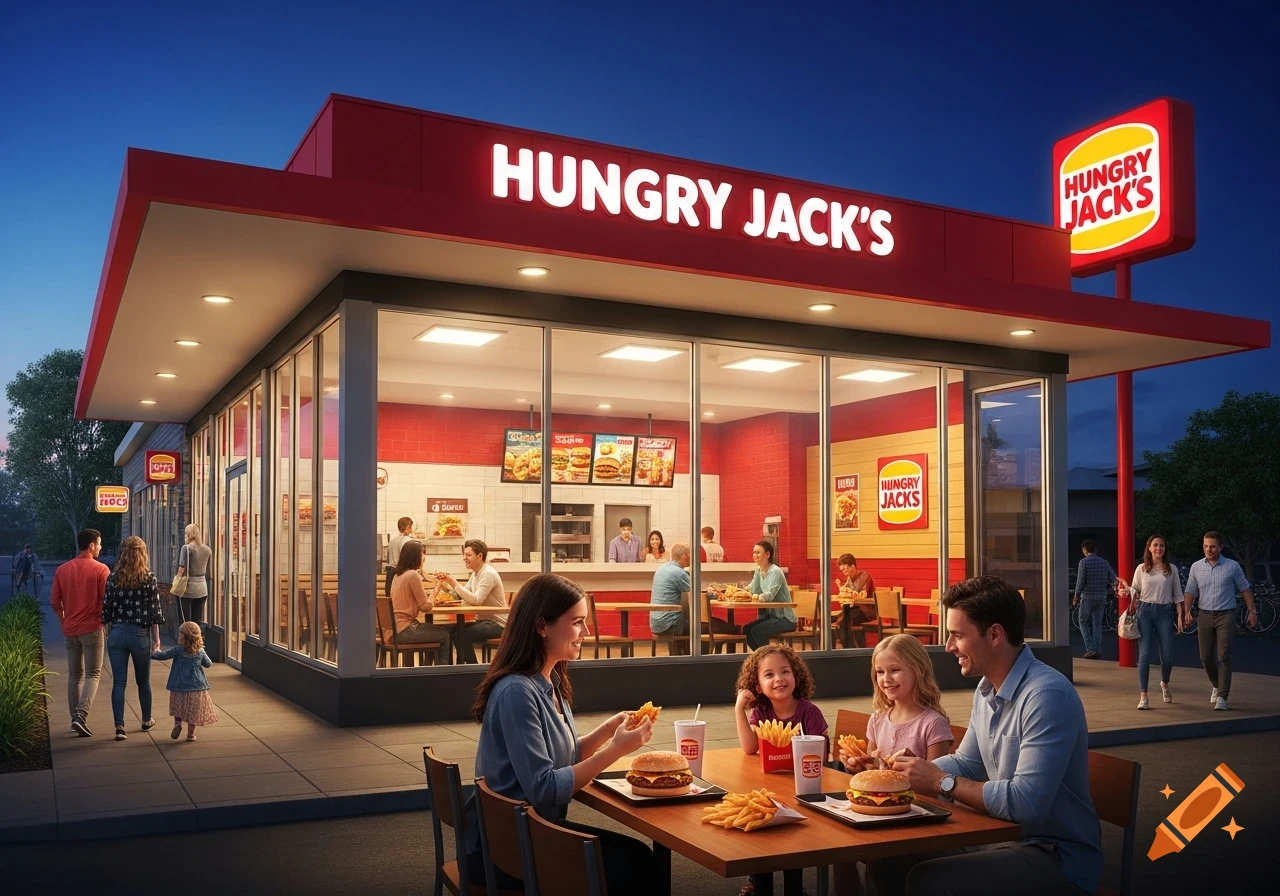 A photorealistic image of a vibrant fast-food restaurant at dusk, with a family eating on the patio and other patrons inside.