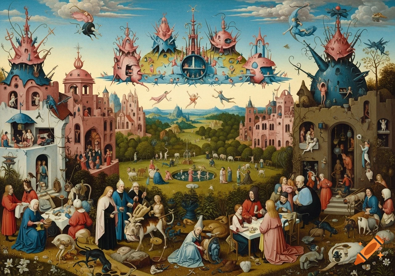 A detailed, surreal painting in the style of Hieronymus Bosch, depicting a fantastical landscape with numerous nude and clothed figures interacting with strange creatures and structures, resembling 'The Garden of Earthly Delights'.