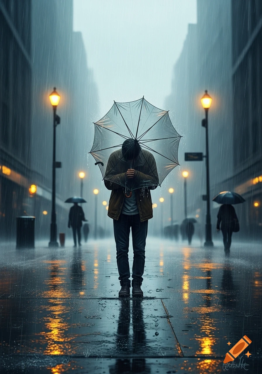 Photorealistic image of a person holding an umbrella, standing in the heavy rain on a wet city street at night with glowing streetlights.