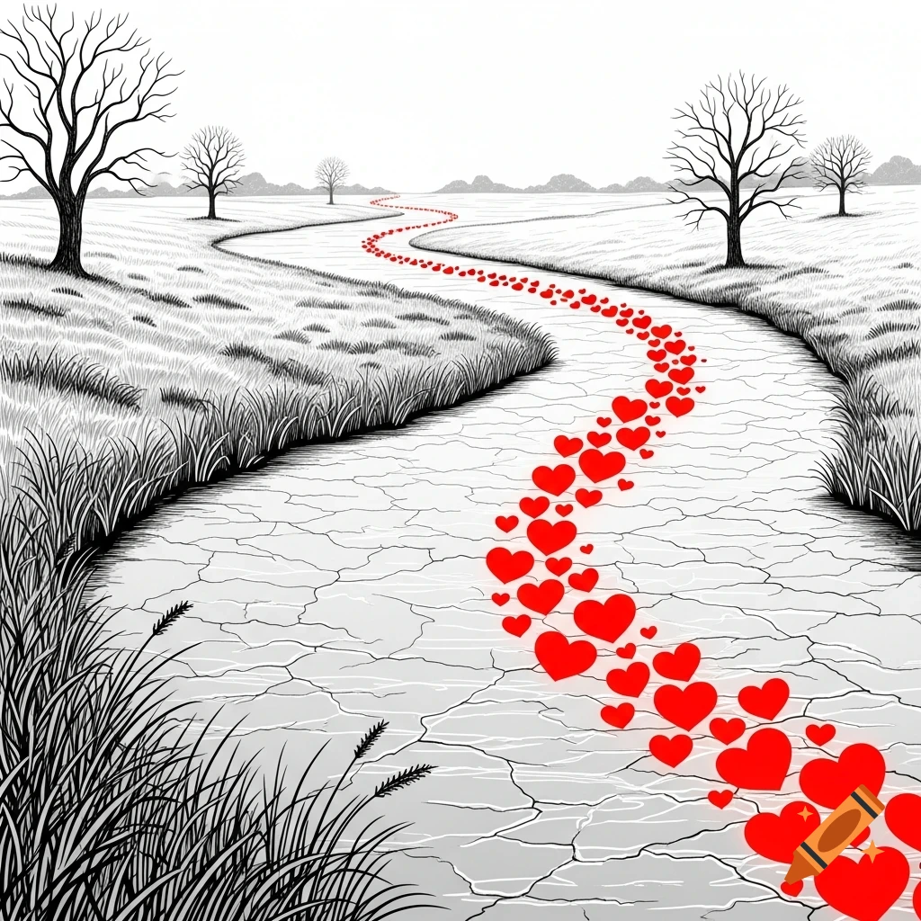 A black and white illustrative landscape features a winding path of vibrant red hearts through cracked terrain, flanked by bare trees and grass.