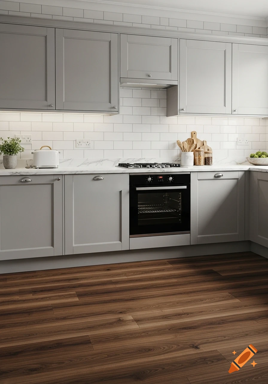 A modern kitchen with gray cabinets, white subway tile backsplash, white marble countertop, dark wood floor, and stainless steel appliances.