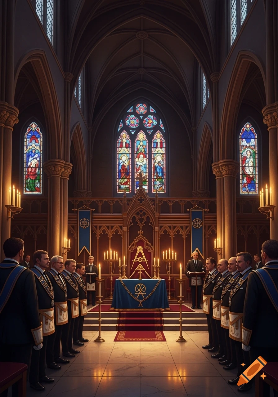 Men in Masonic regalia attend a ceremony in a grand gothic hall with stained glass windows and masonic symbols on the altar and banners.