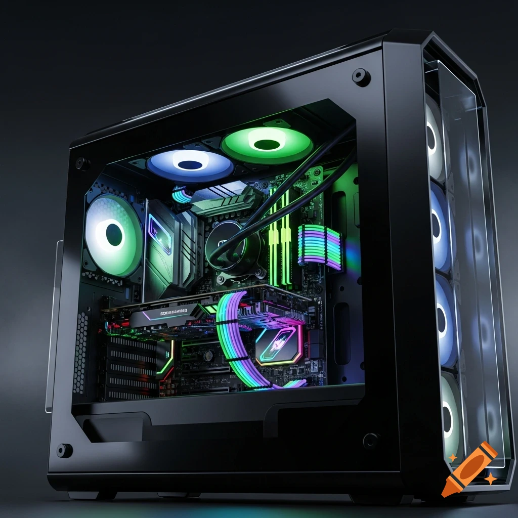 A close-up, angled shot of an open computer case revealing its illuminated internal components, including a motherboard, graphics card, fans, and colorful RGB lighting.