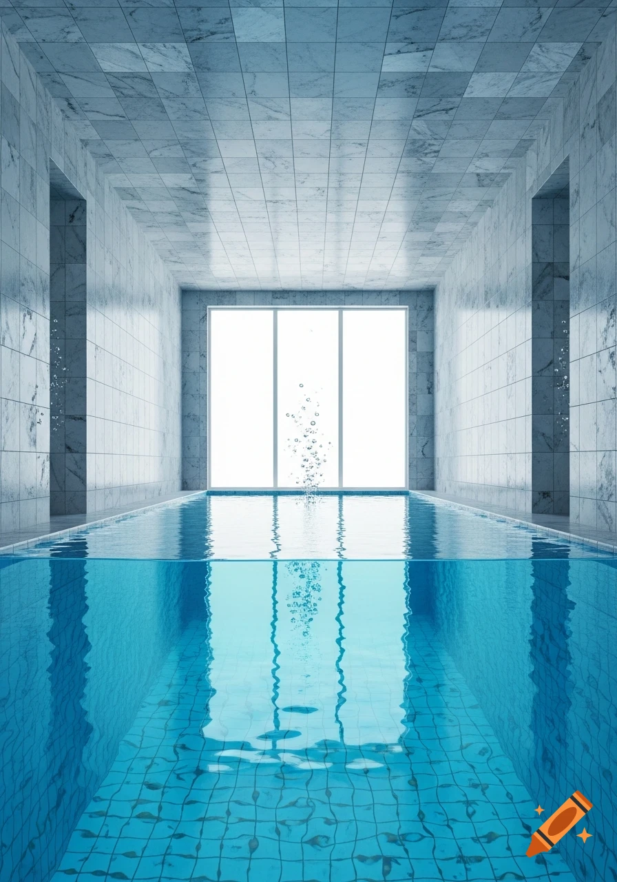 A minimalist indoor swimming pool with light blue water, surrounded by marble tiles, large windows, and floating bubbles.