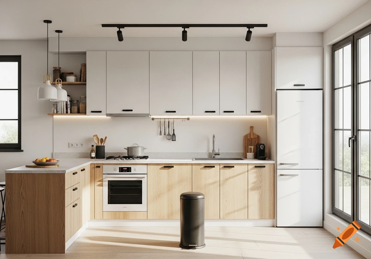 A bright, modern kitchen with light wood lower cabinets, white upper cabinets, white appliances, and a black trash bin.