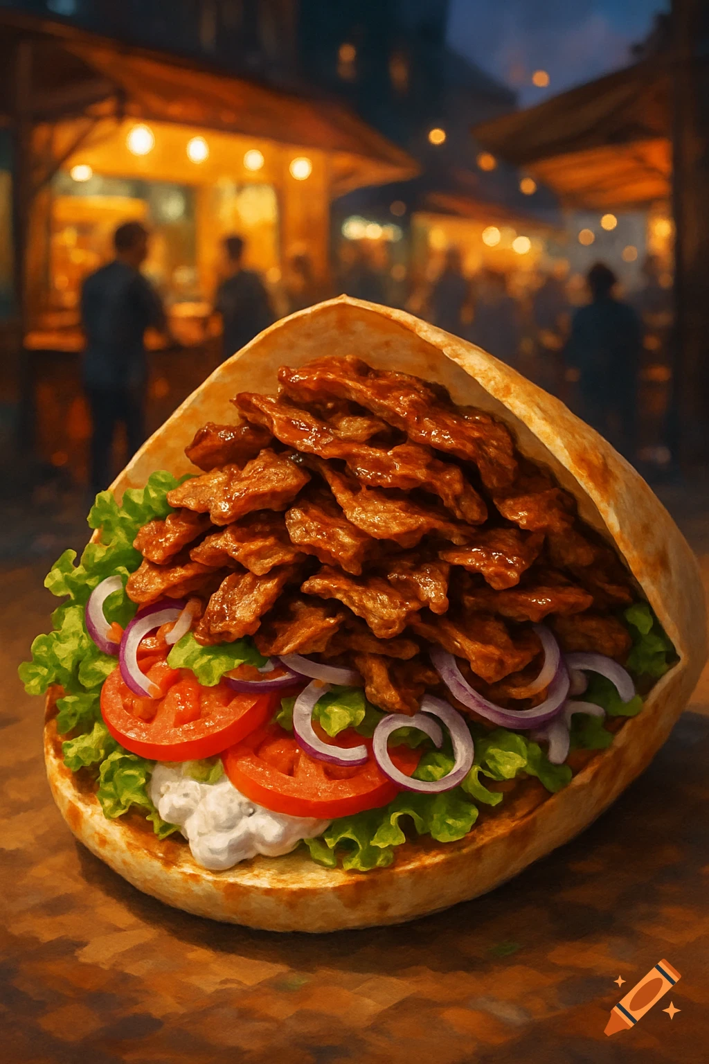 Close-up of a generous döner kebab in pita, filled with meat, lettuce, tomato, red onion, and white sauce, against a blurry night market.