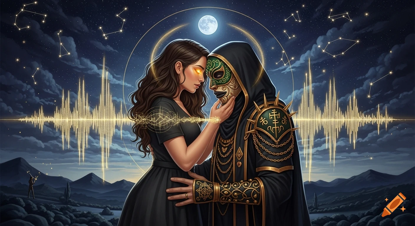 Digital painting of a woman with glowing eyes embracing a masked man under a full moon, with constellations and golden sound waves in a mystical night landscape.