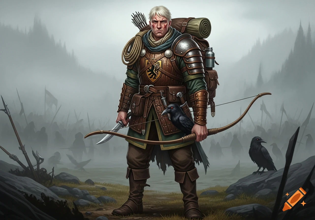 A white-haired fantasy warrior with a stern face and scars, wearing leather armor, carrying a bow, knife, and backpack, stands with a raven on his arm, against a misty background with blurred figures of soldiers.