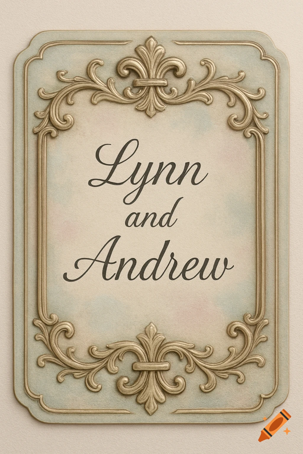 An ornate vintage door sign with a gold frame and pastel background, displaying the names 'Lynn and Andrew' in script.