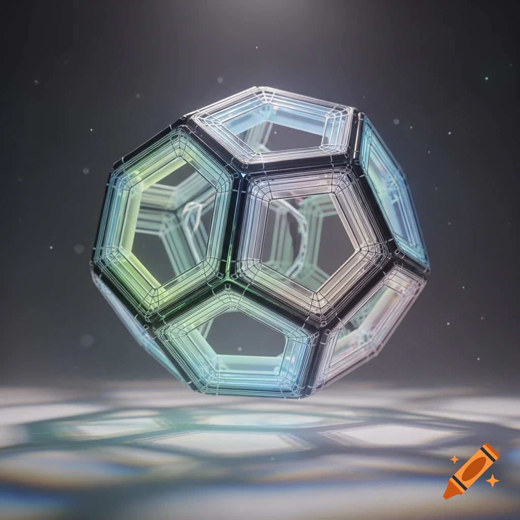 A floating, iridescent, translucent wireframe geometric shape, like a megaminx, with reflections on a grid patterned surface, 3D render.