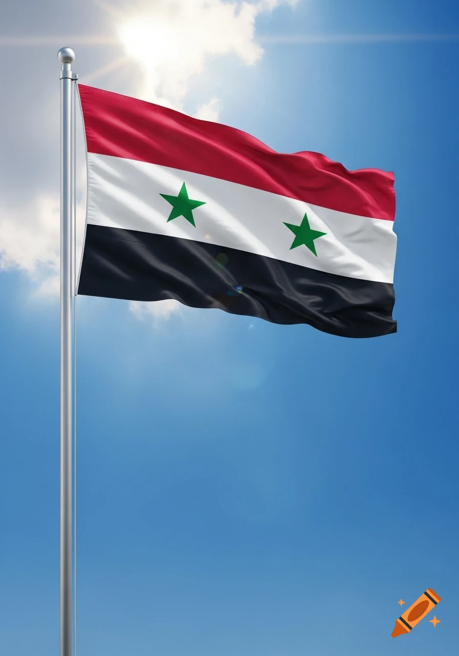 Syrian flag with red, white, black stripes and two green stars waves against a sunny blue sky.