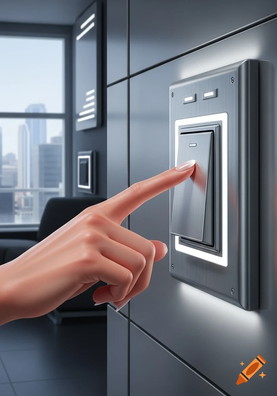 Close-up of a finger pressing a glowing modern light switch in a sleek room with a city view.