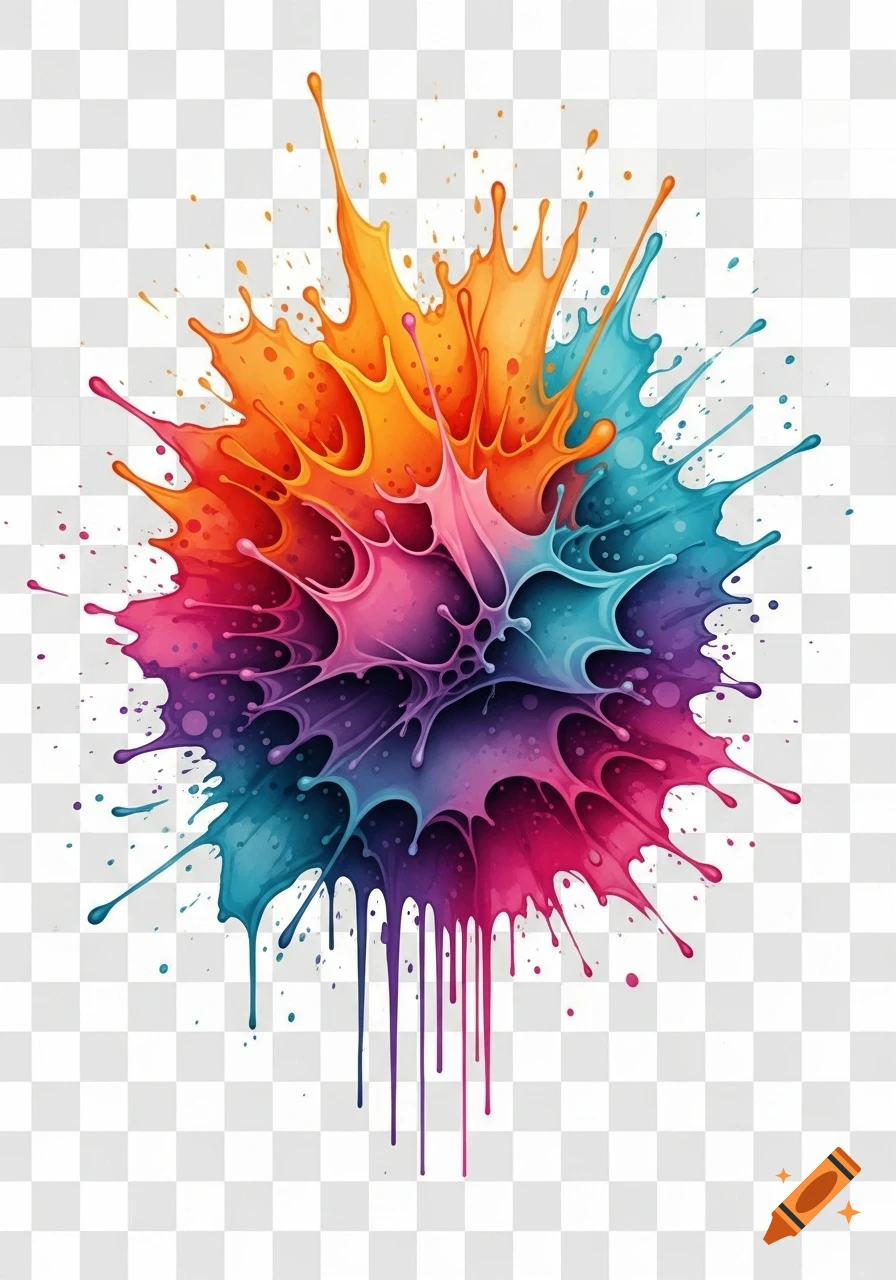 Vibrant abstract watercolor paint splash with dynamic organic shapes in orange, magenta, purple, and blue.