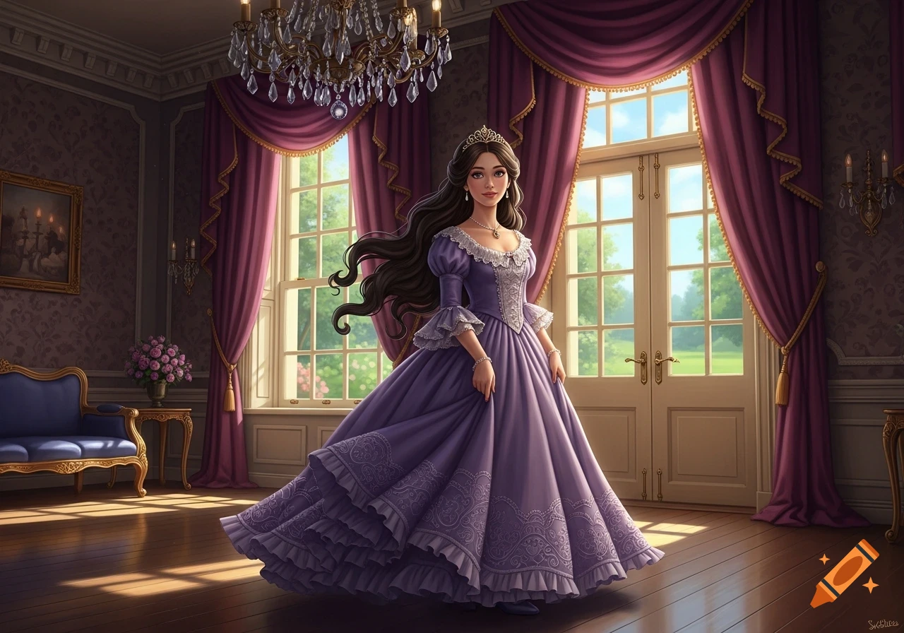 An illustration of a princess in a flowing purple gown standing in a grand room with large windows and purple curtains.