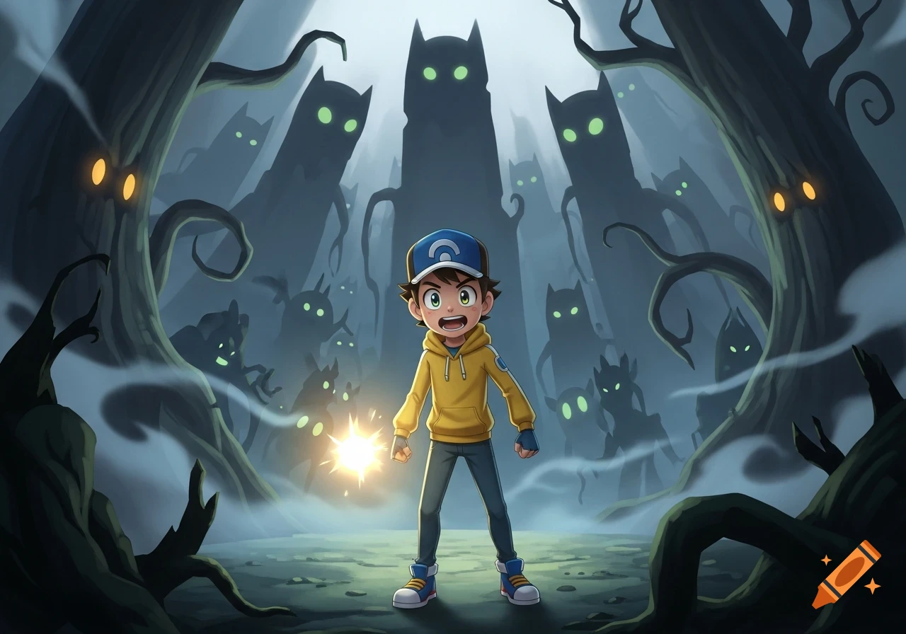 A scared boy with glowing hands stands in a dark, misty forest, surrounded by shadowy, cat-like creatures with glowing eyes in a cartoon style.