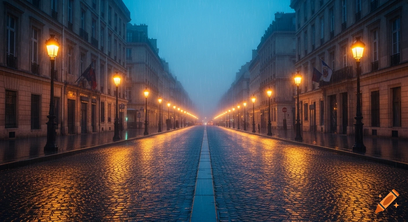 A long, rainy Parisian street at night, lined with illuminated old streetlamps and buildings, reflecting lights on wet cobblestones.