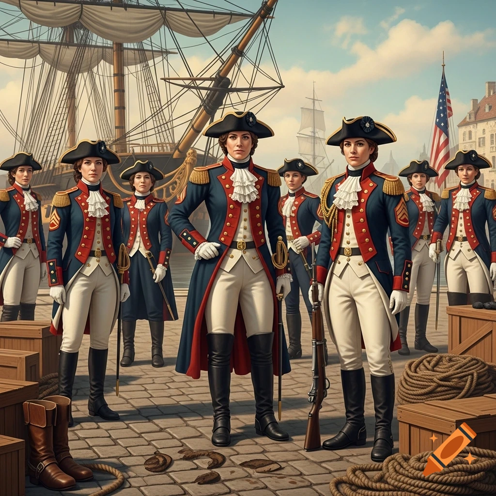 Women in blue and red colonial-era military uniforms with tricorn hats stand on a cobblestone dock with a tall ship and American flag in the background.