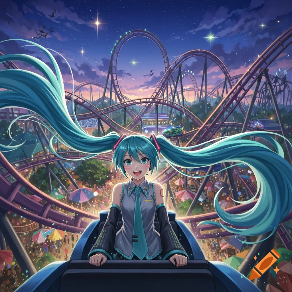 Hatsune Miku rides a roller coaster at a vibrant theme park during a beautiful twilight with stars in the sky, in an anime style.