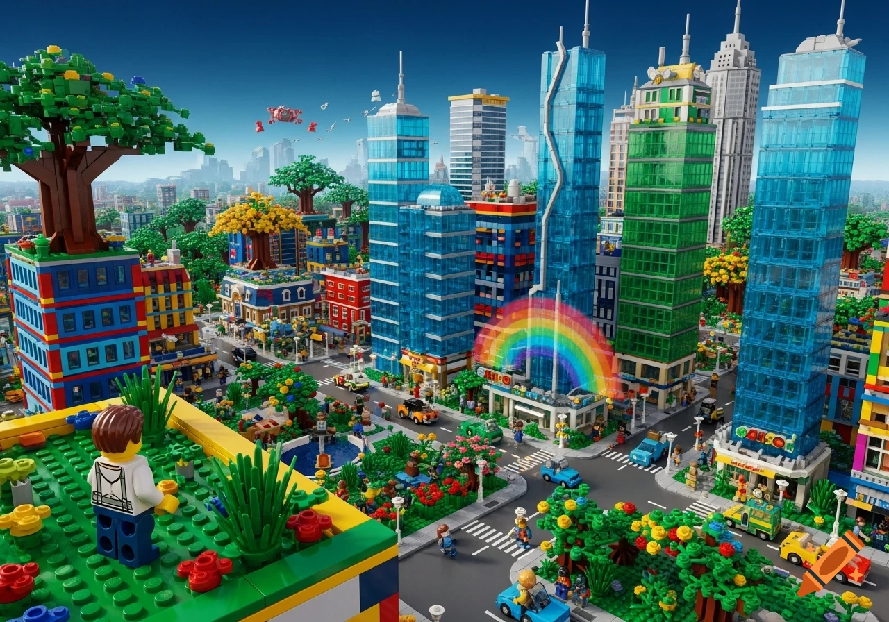A vibrant, detailed Lego city scene with colorful buildings, streets, vehicles, trees, and minifigures, under a bright blue sky.