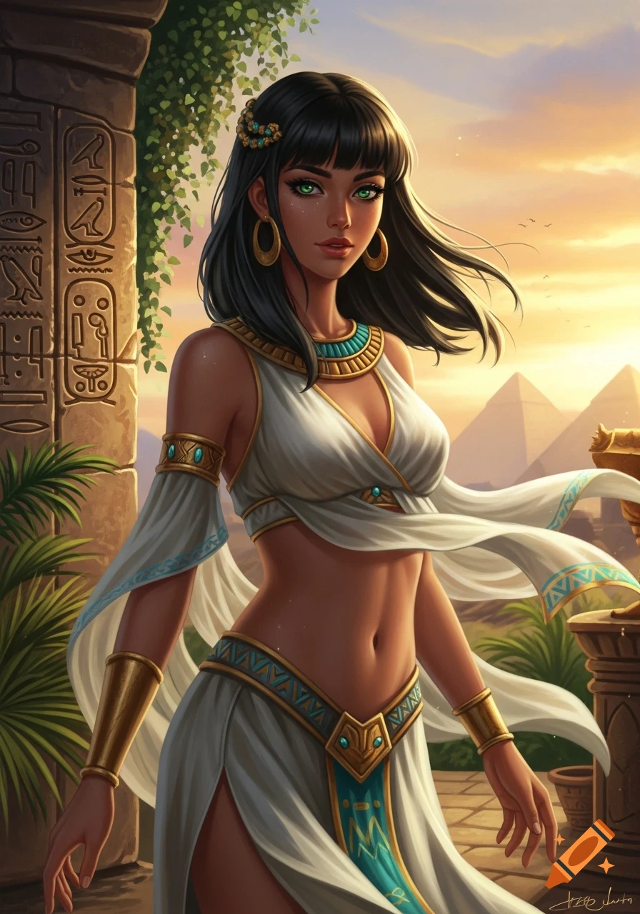 Digital art of a beautiful woman in white and gold Egyptian attire with green eyes, standing amidst ruins with pyramids at sunset.