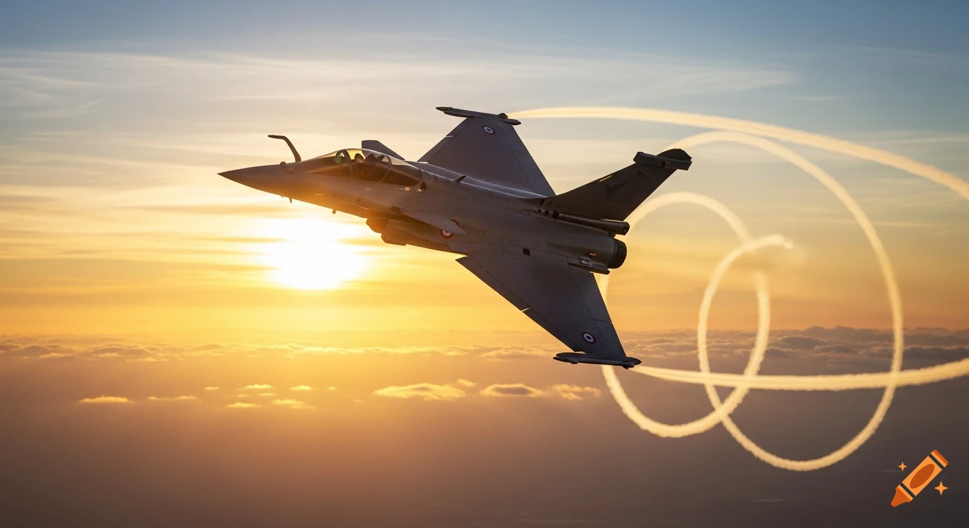 A French Rafale fighter jet performs a loop against a stunning sunset sky, leaving swirling contrails.