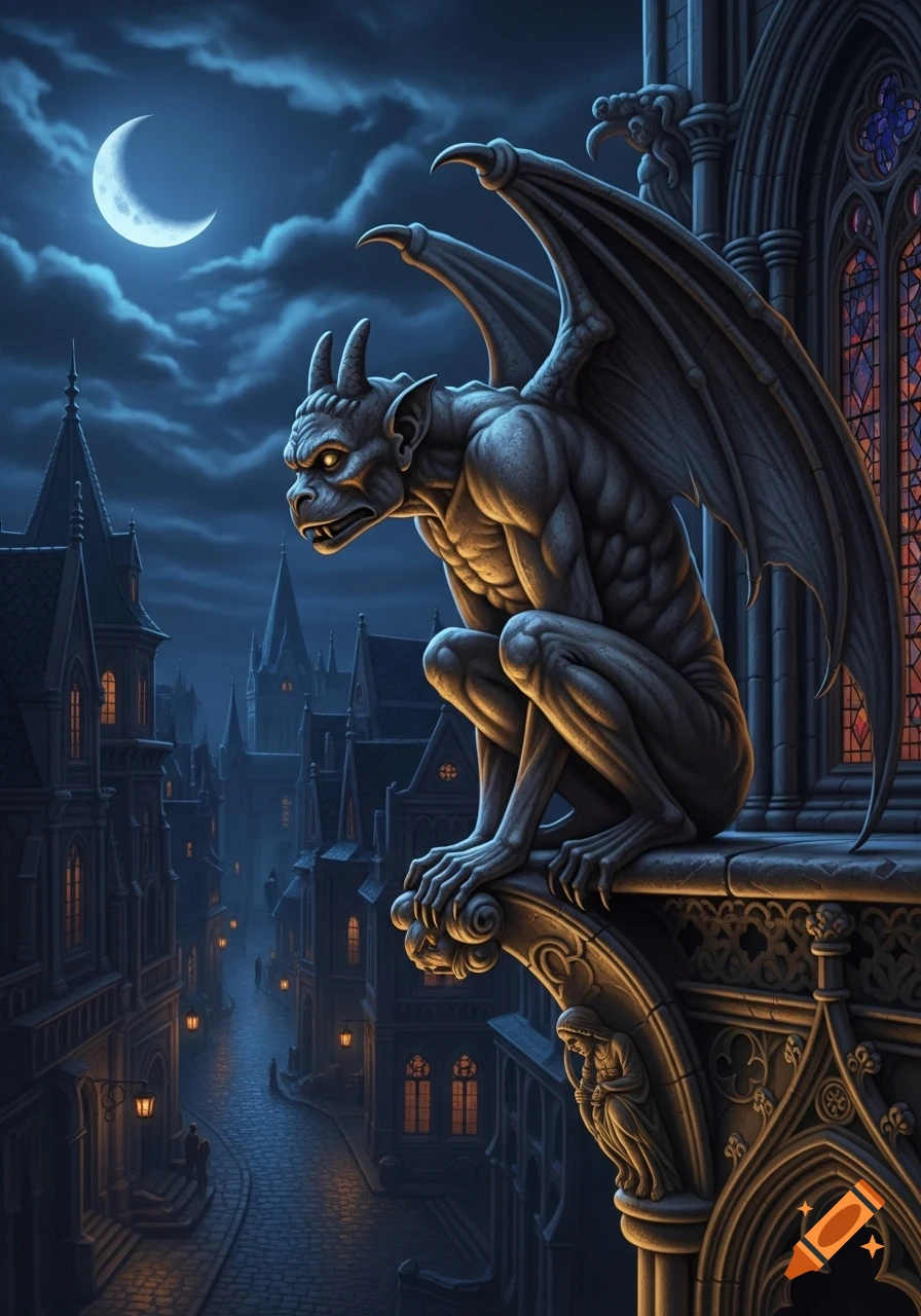 Winged gargoyle statue perches on a gothic cathedral at night, overlooking a gaslit, foggy street under a crescent moon.