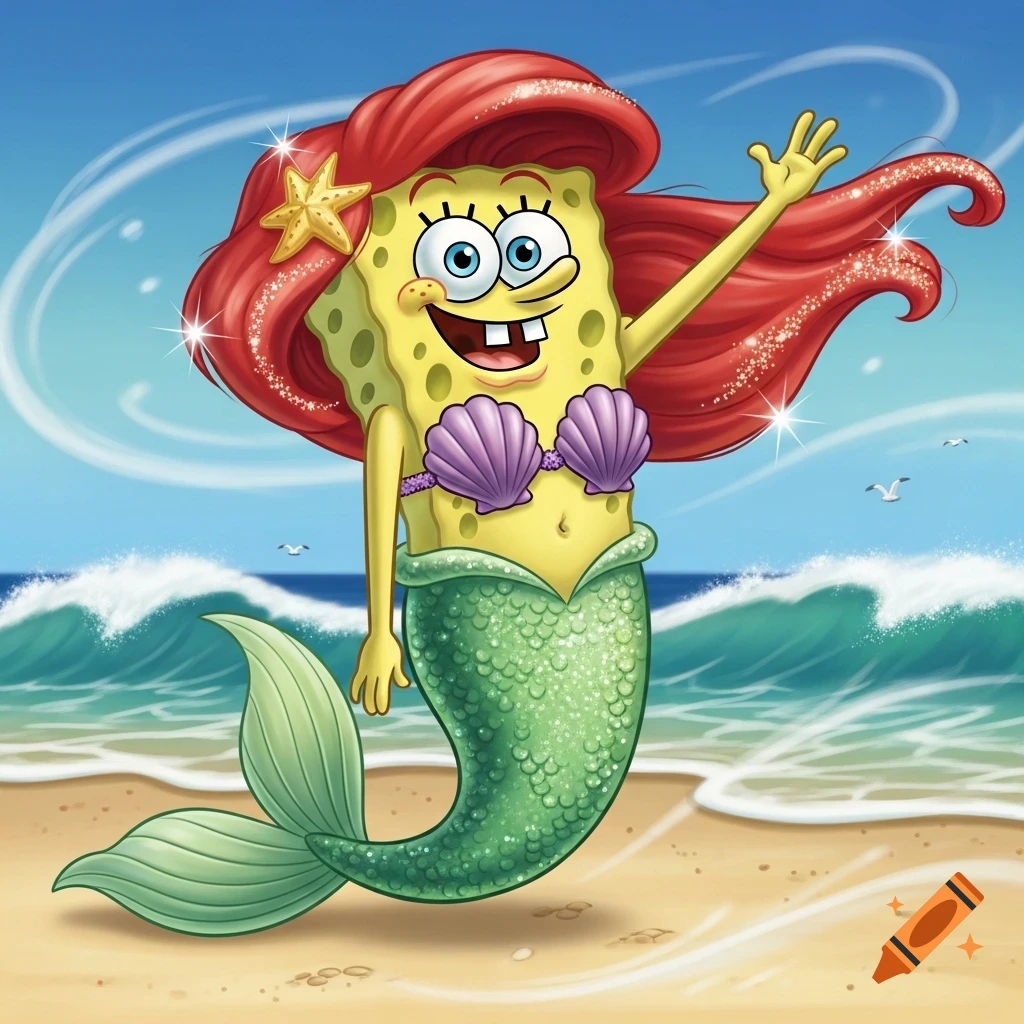SpongeBob SquarePants dressed as a mermaid with a red wig, seashell bra, and green tail, waving on a sunny beach.