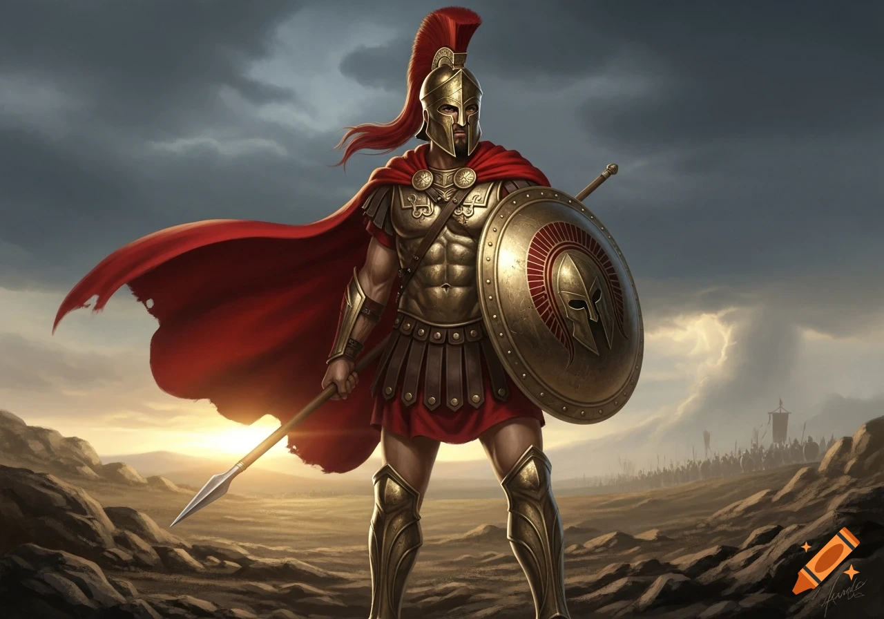 A Spartan warrior in gold armor and red cape holds a spear and shield on a rocky battlefield at sunset with an army behind.